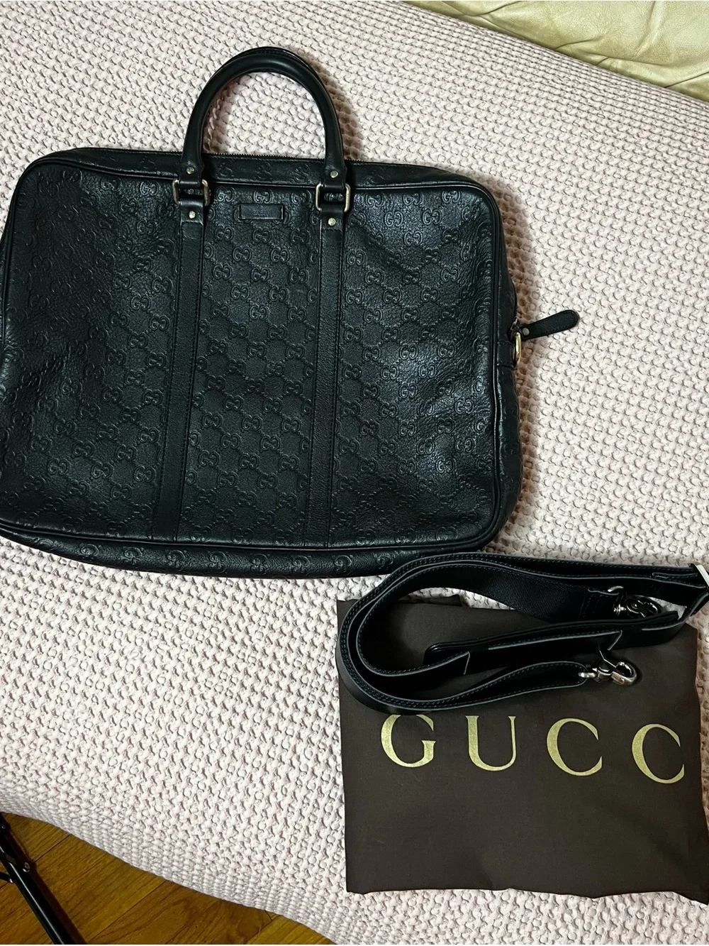 Gucci Black GG Monogram Leather Briefcase Case Bag + Entrupy COA & Dustbag